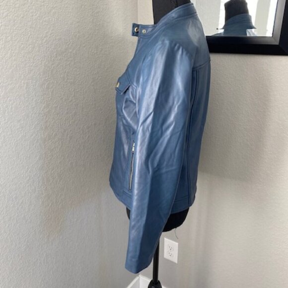 COLE HAAN 100% Leather Indigo Blue Moto Jacket Coat Small - Picture 7 of 12